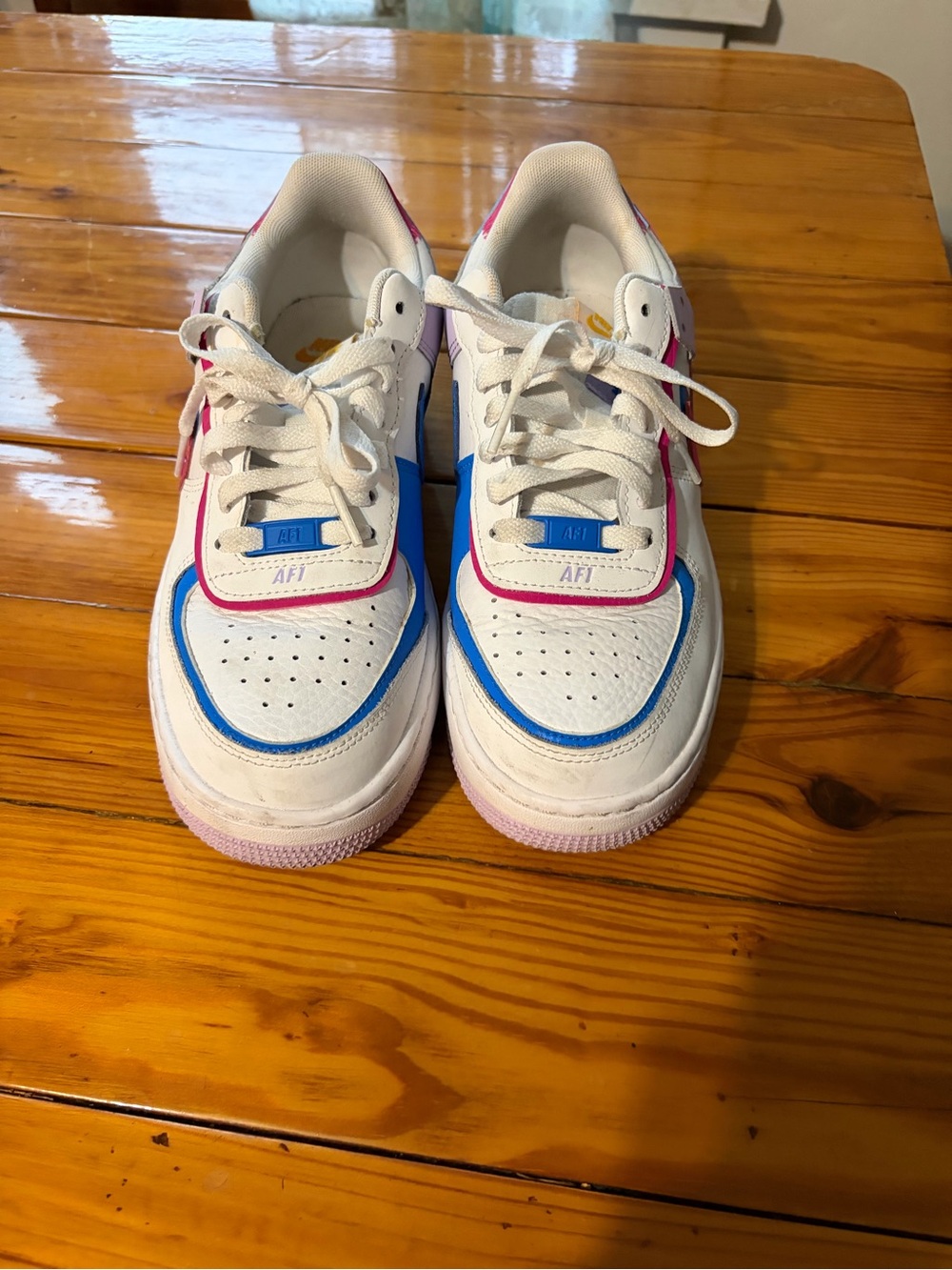 Womens White Sneakers with Blue & Pink Accents - AF1 Style
